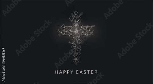 Easter celebration with ornate cross on dark background and happy easter text