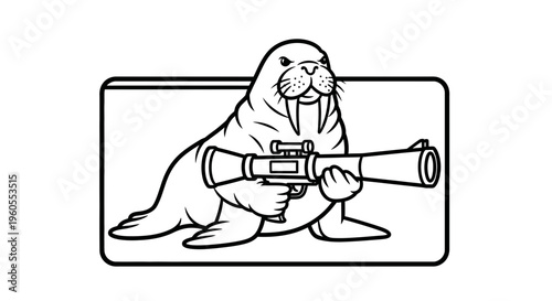 Angry Walrus Holding Rocket Launcher, Cartoon Style