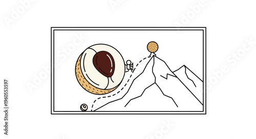 Astronaut climbing mountain with giant peach, surreal journey, reaching goal, adventure concept