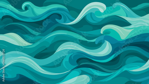 Abstract seamless background of ocean waves in serene blue and teal tones, ideal for tranquil aquatic themes and maritime-inspired visual designs