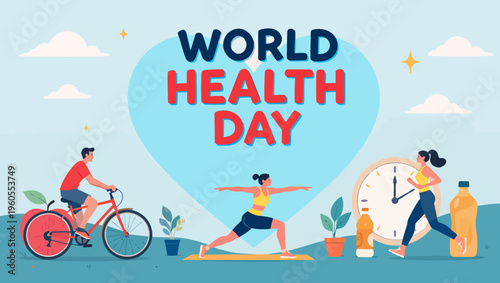 World Health Day" banner featuring diverse healthy lifestyle activities like cycling, yoga, and running, promoting global health and wellness through fitness and active living for a vibrant community
