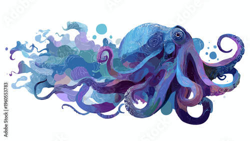 Artistic illustration of a vibrant blue octopus with flowing tentacles against a white background, evoking a sense of movement and aquatic life