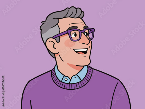 Man with glasses smiles brightly against a purple background during a casual moment at home