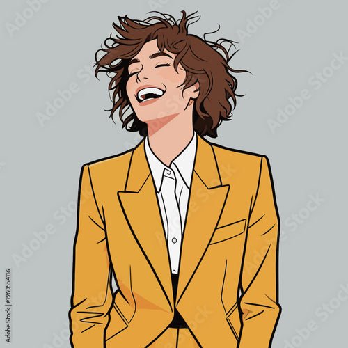 Woman laughing in a yellow suit with curly hair against a plain background