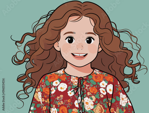 Young girl with long curly hair smiling and wearing a floral dress, standing against a solid green background