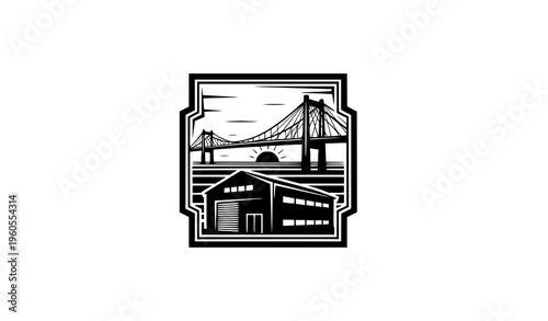 Vintage warehouse badge logo with bridge and sunset horizon industrial emblem vector illustration