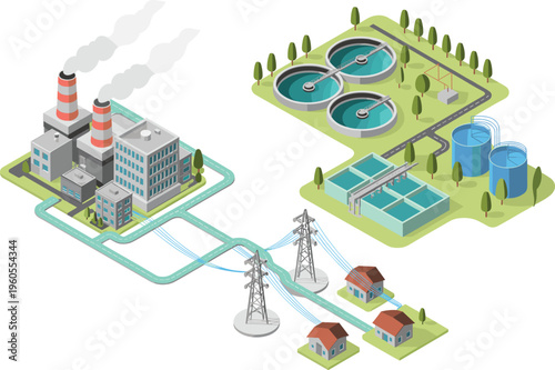 Isometric electric power substation with transformers, energy distribution grid, high voltage transmission, utility infrastructure, residential electricity supply concept illustration