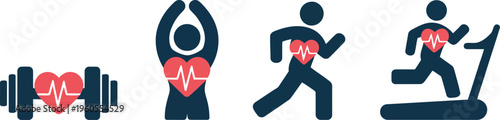 Dynamic health icons showcasing fitness activities like weight training, flexibility, running, and treadmill exercise for heart health