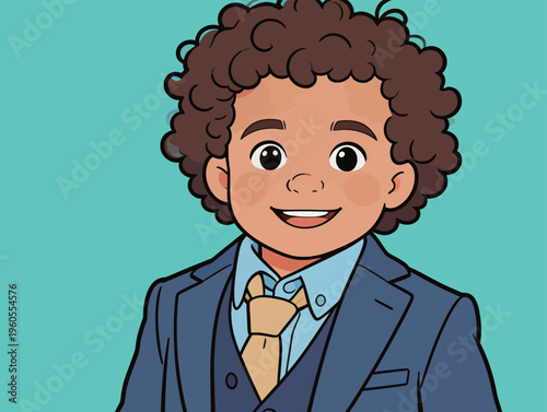 Young boy smiles while wearing a suit and tie with curly hair in front of a blue background showing a cheerful demeanor