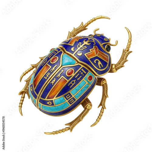 Ornate Egyptian Scarab Beetle Amulet with Blue Gold Orange and Turquoise Enamel Hieroglyphs Isolated on Transparent Background