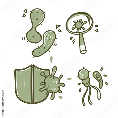 collection of hand drawn doodle style icons featuring various types of bacteria and viruses, a microscope, a magnifying glass, and a protective shield. Conceptual design of microorganisms, health, sci