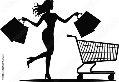 Dynamic silhouette of a woman joyfully holding shopping bags next to a cart on a fun shopping spree