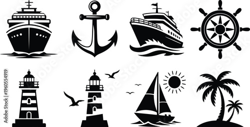 Eight black silhouette icons representing diverse nautical themes including ships and coastal landmarks