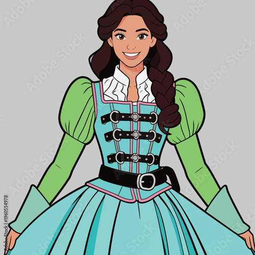 Girl in colorful dress stands with hands on hips, smiling and looking directly at the viewer in a simple background