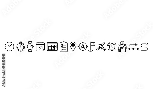 Horizontal time date and location outline icon set with clock calendar and navigation symbols for web and apps