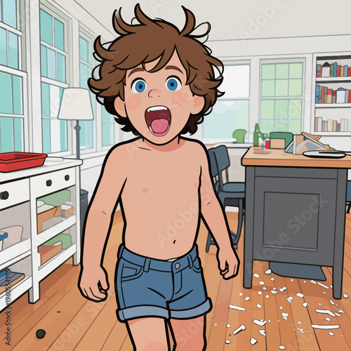 Child stands in messy room with surprised expression after creating chaos in the house during playtime