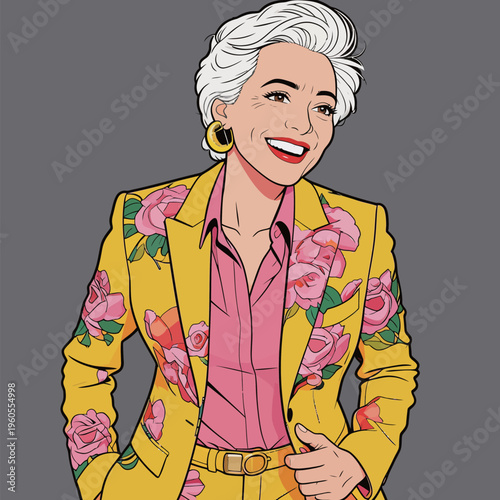Woman with white hair wearing yellow suit with floral design smiles while posing against gray background