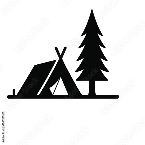 Camping tent and pine tree silhouette icon representing outdoor adventure and forest recreation in a minimalist black flat vector design