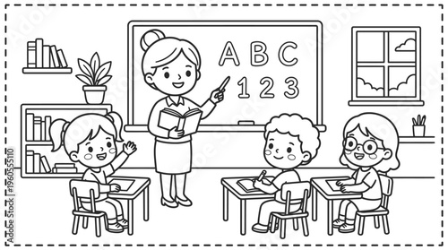 Teacher standing in classroom with students.