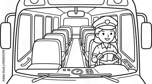 Cartoon bus driver sitting inside vehicle.
