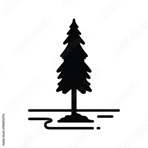 Pine tree silhouette icon in minimalist landscape style