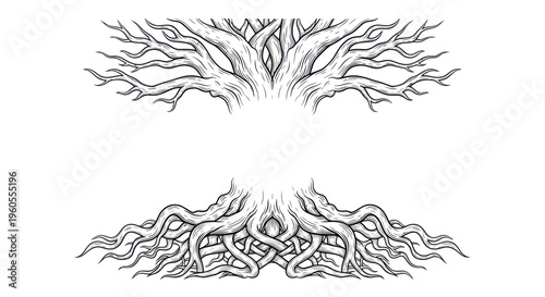 Intricate Tree of Life illustration with roots and branches, Celtic knot design