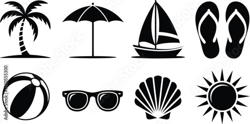 Eight simple black icons depict essential elements for a delightful sunny beach holiday getaway