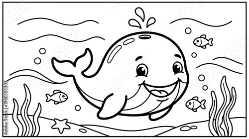Smiling Cartoon Whale Underwater Scene.