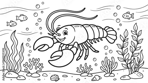 Smiling cartoon lobster underwater scene.