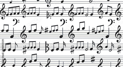 Seamless musical score pattern with treble and bass clefs and notes