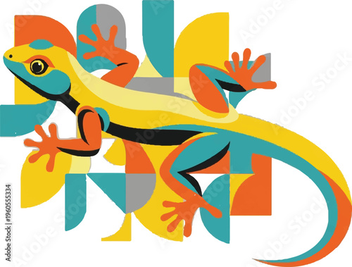 Stylized gecko with geometric shapes in yellow orange blue and grey