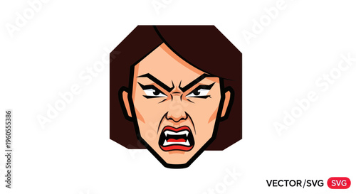 Angry Woman Face Vector Illustration, Furious Expression, Aggressive Emotion
