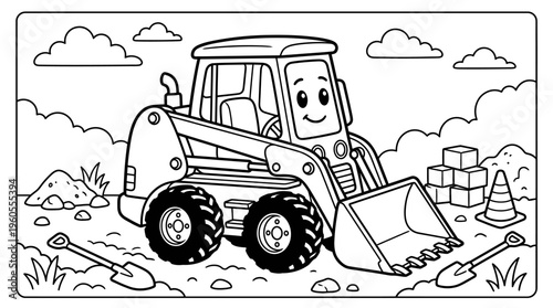 Smiling cartoon backhoe loader vehicle.