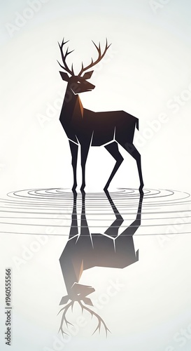 Deer silhouette in calm water reflection.