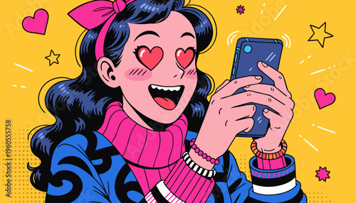 Pop Art Illustration of a Young Woman with Heart Eyes Using a Smartphone for Social Media Marketing, Dating Apps, and Customer Engagement Concepts
