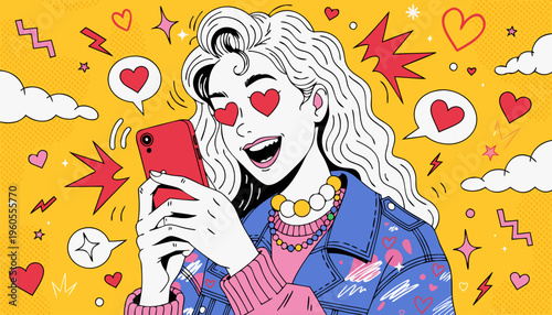 Pop Art Illustration of a Young Woman with Heart Eyes Using a Smartphone for Social Media Marketing, Dating Apps, and Customer Engagement Concepts