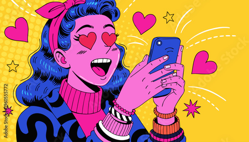 Pop Art Illustration of a Young Woman with Heart Eyes Using a Smartphone for Social Media Marketing, Dating Apps, and Customer Engagement Concepts