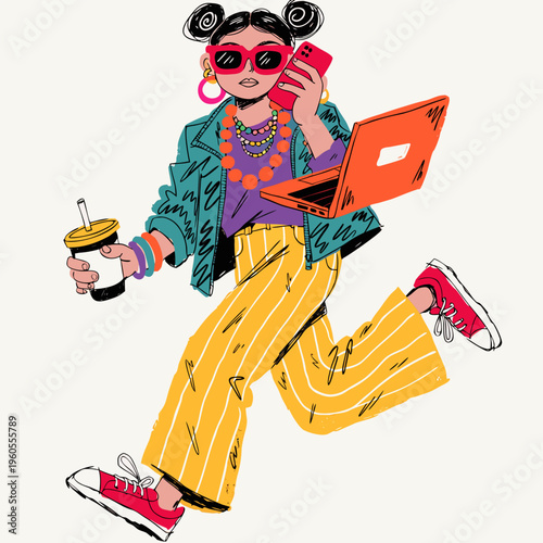 Modern Vector Illustration of a Multitasking Business Woman Running with a Laptop and Smartphone Representing Productivity, Startup Culture, and Remote Work