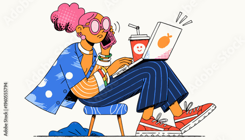 Modern Freelancer Woman Working on Laptop and Talking on Phone, Vector Illustration for Remote Work, Digital Nomad Lifestyle, and Startup Productivity Concepts