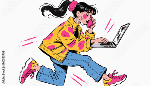 Modern Vector Illustration of a Multitasking Business Woman Running with a Laptop and Smartphone Representing Productivity, Startup Culture, and Remote WorkModern Vector Illustration of a Multitasking