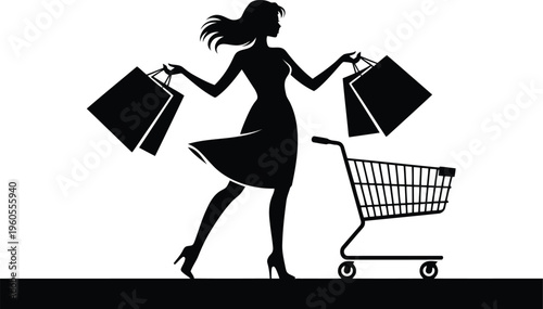 Elegant woman silhouette in a flowing dress holds shopping bags next to an empty retail cart