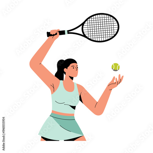 Woman Tennis Player Serving Ball with Racquet, Athletic Sport Illustration