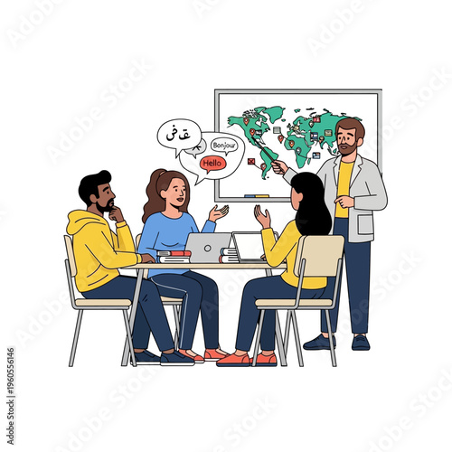 Diverse group learning foreign languages with world map presentation