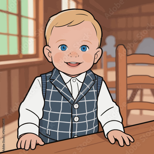 Young child smiles while standing at a table inside a cozy room with wooden walls and soft lighting