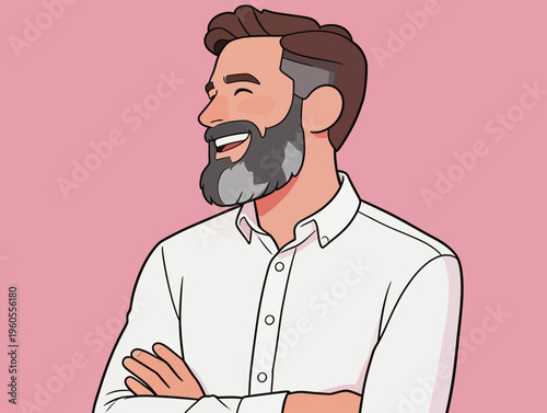Man with a beard smiles and stands confidently with arms crossed against a pink background during a casual moment