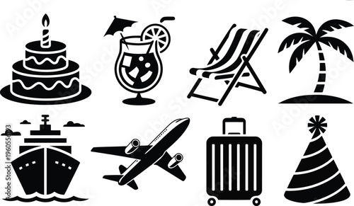 Essential black icons illustrating various elements for memorable celebrations and exciting travel experiences