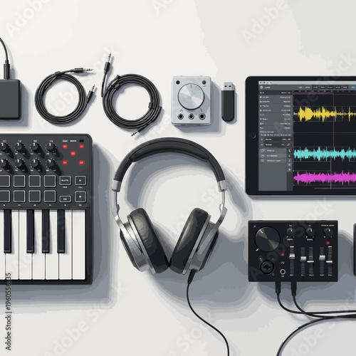 Music production equipment layout on white background