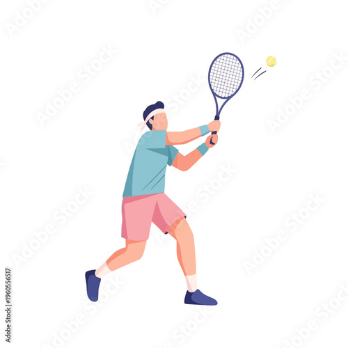 Male tennis player hitting a forehand during a match, active lifestyle, flat design