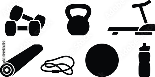 Essential fitness and gym items like weights, treadmill, and a skipping rope on white