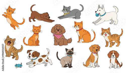 Cute cartoon cats and dogs vector set with playful pet characters in dynamic scattered poses for kids illustrations